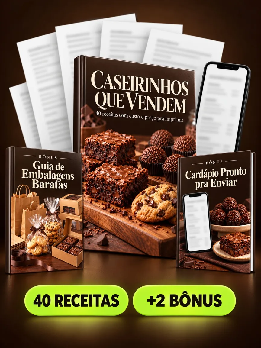 Montagem ilustrativa do Caseirinhos que Vendem: livro com a capa, páginas do material e celular e capas dos bônus