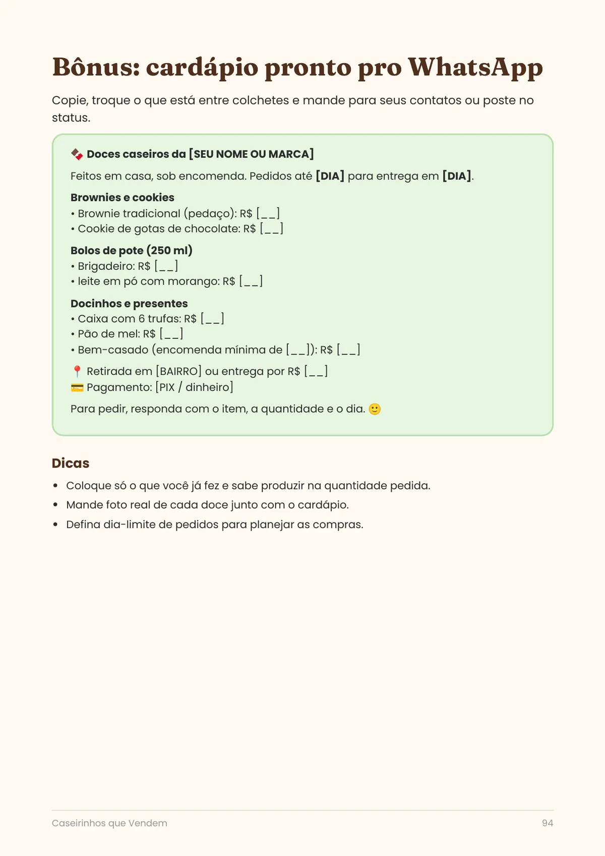 Página real do PDF Caseirinhos que Vendem: cardápio pronto pro WhatsApp