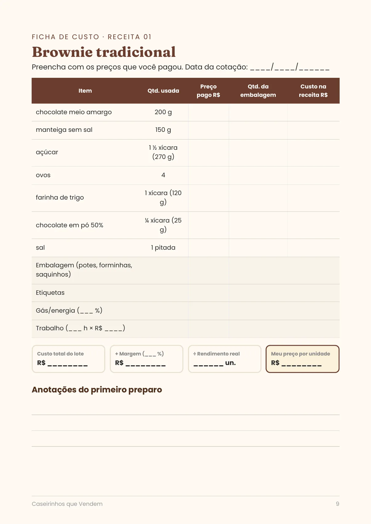 Página real do PDF Caseirinhos que Vendem: ficha de custo da receita